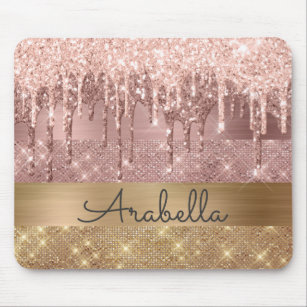 Pink Rose Gold Glitter Drips Custom Name Mouse Pad