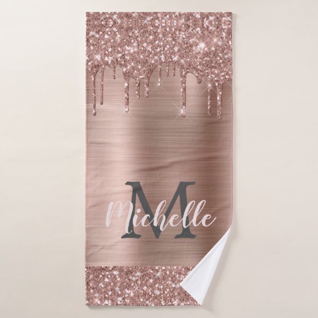 Pink Rose Gold Glitter Drips Elegant Monogram  Bath Towel (Bath Towel)