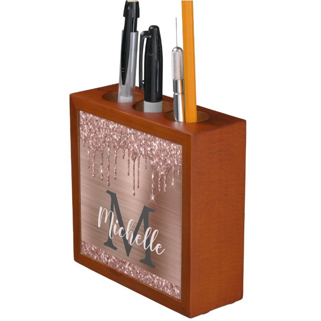 Pink Rose Gold Glitter Drips Elegant Monogrammed  Desk Organizer (In Situ)