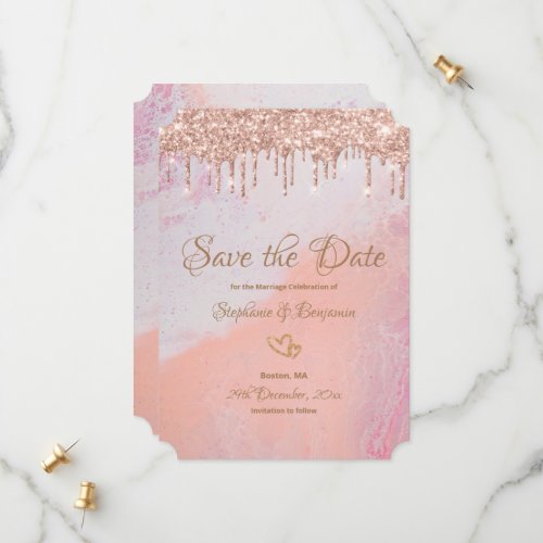 Pink Rose Gold Glitter Drips Elegant Stylish Chic Save The Date