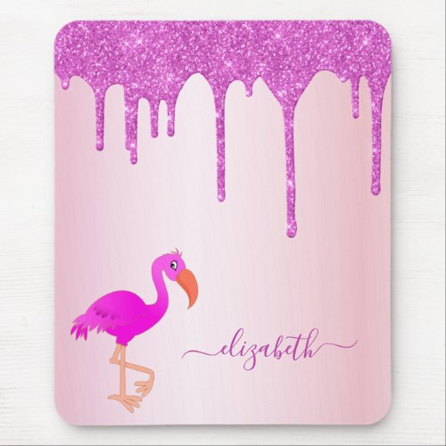 Pink rose gold glitter drips flamingo girly mouse pad