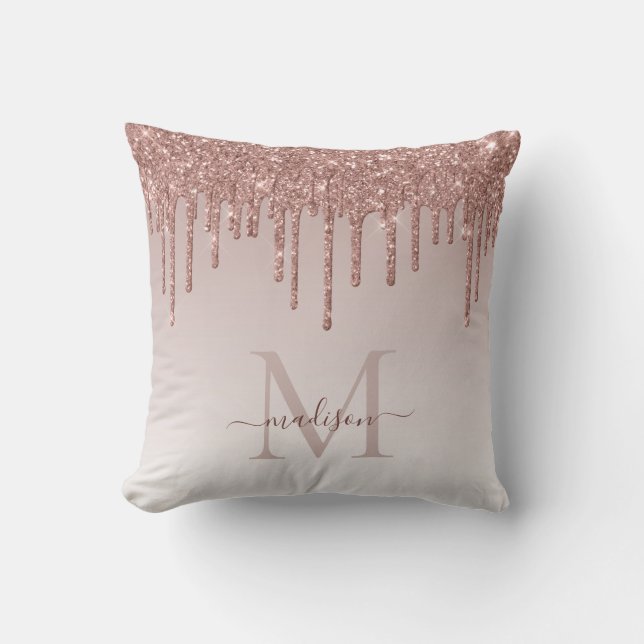 Pink Rose Gold Glitter Drips Glam Monogram Script Throw Pillow (Front)