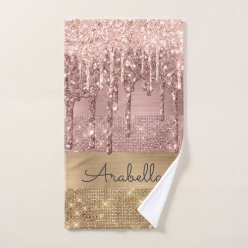 Pink Rose Gold Glitter Drips Gold Sripes Name Hand Towel