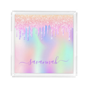 Pink rose gold glitter drips holographic name acrylic tray