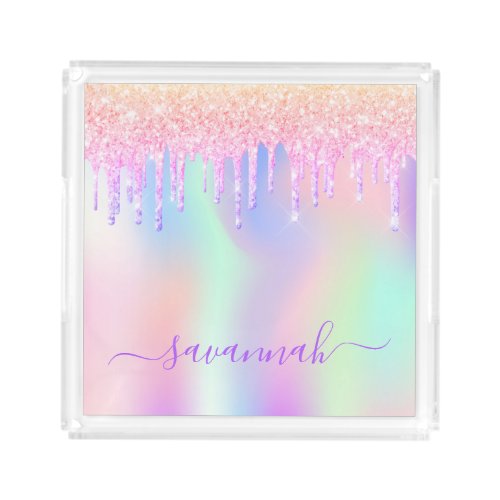 Pink rose gold glitter drips holographic name acrylic tray