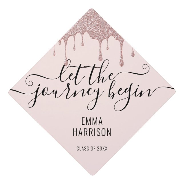 Pink Rose Gold Glitter Drips Let The Journey Begin Graduation Cap Topper (Front)