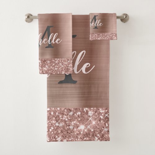 Pink Rose Gold Glitter Drips Monogrammed Feminine Bath Towel Set