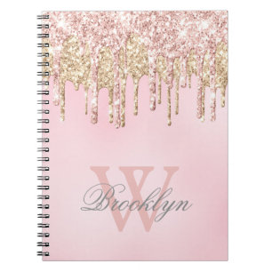 Pink Rose Gold Glitter Drips Name Monogrammed Notebook