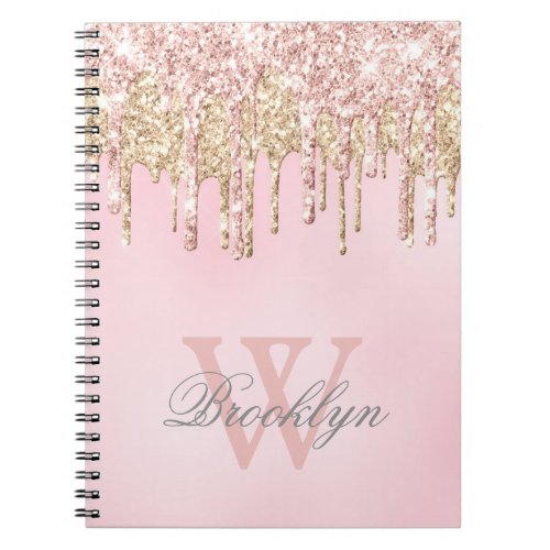 Pink Rose Gold Glitter Drips Name Monogrammed Notebook