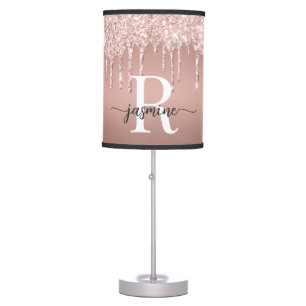 Pink Rose Gold Glitter Drips Ombre Girly Monogram Table Lamp