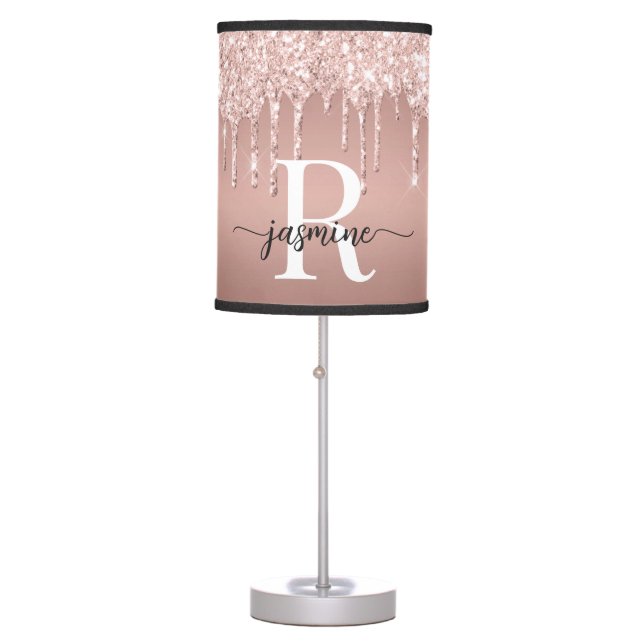 Pink Rose Gold Glitter Drips Ombre Girly Monogram Table Lamp (Front)