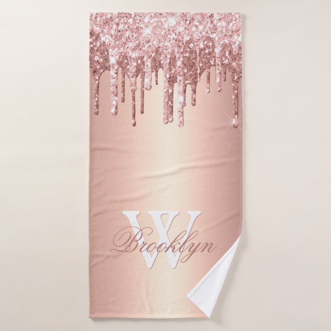 Pink Rose Gold Glitter Drips Pink Metal Monogram Bath Towel (Bath Towel)