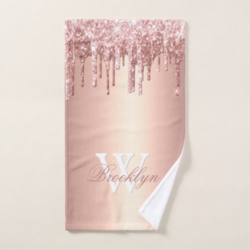 Pink Rose Gold Glitter Drips Pink Metal Monogram Hand Towel