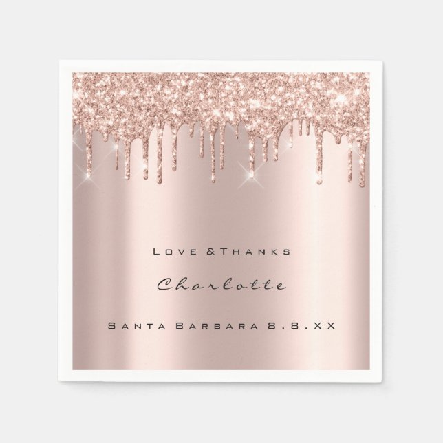 Pink Rose Gold Glitter Drips Spark Sweet 16 Bridal Napkins (Front)