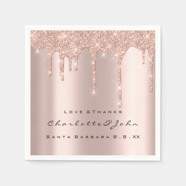 Pink Rose Gold Glitter Drips Spark Wedding Bridal Napkins (Front)