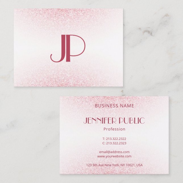 Pink Rose Gold Glitter Elegant Modern Monogram Business Card (Front/Back)