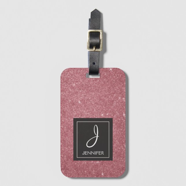 Pink Rose Gold Glitter Elegant Monogram Lugage Tag (Front Vertical)