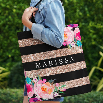 Pink Rose Gold Glitter Floral Black White Stripe Tote Bag by girlygirlgraphics at Zazzle