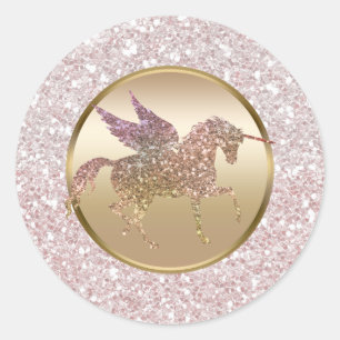 Pink & Rose Gold Glitter Flying Unicorn Favor Classic Round Sticker