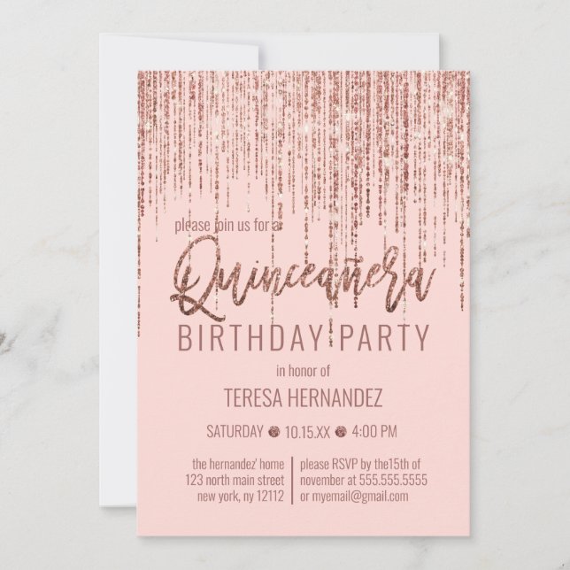 Pink Rose Gold Glitter Fringe Curtain Quinceañera Invitation (Front)