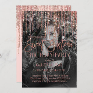Pink Rose Gold Glitter Fringe Photo Sweet 16 Invitation
