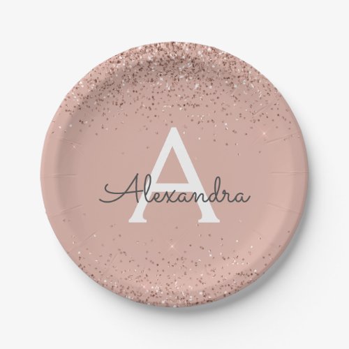 Pink Rose Gold Glitter Girly Monogram Birthday Paper Plates