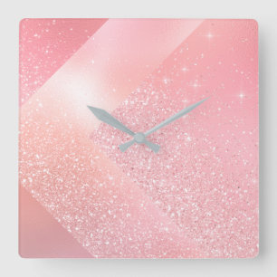 Pink Rose Gold Glitter Glass Gray Abstract Square Wall Clock