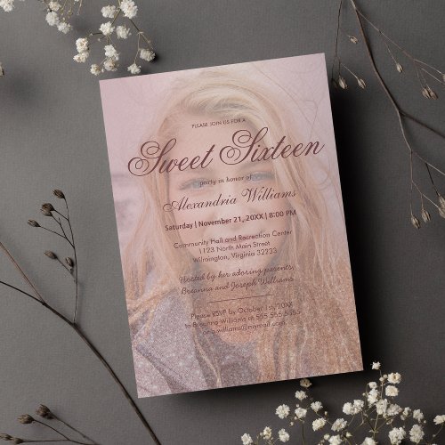 Pink rose gold glitter gradient photo Sweet 16 Invitation