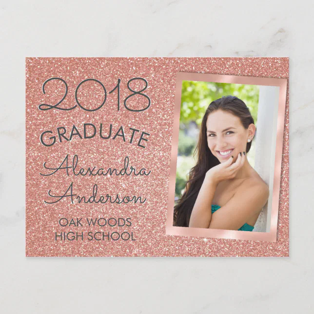 Pink Rose Gold Glitter Graduation Announouncement Announcement Postcard ...