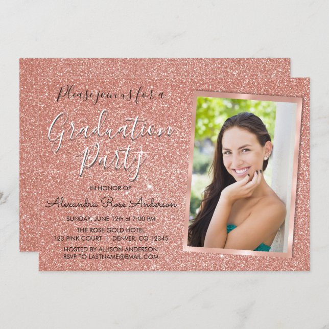 Pink Rose Gold Glitter Graduation Party - Photo Invitation (Front/Back)