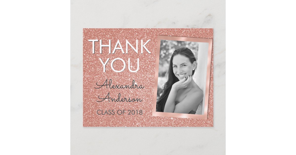 Pink Rose Gold Glitter Graduation Thank You Postcard | Zazzle