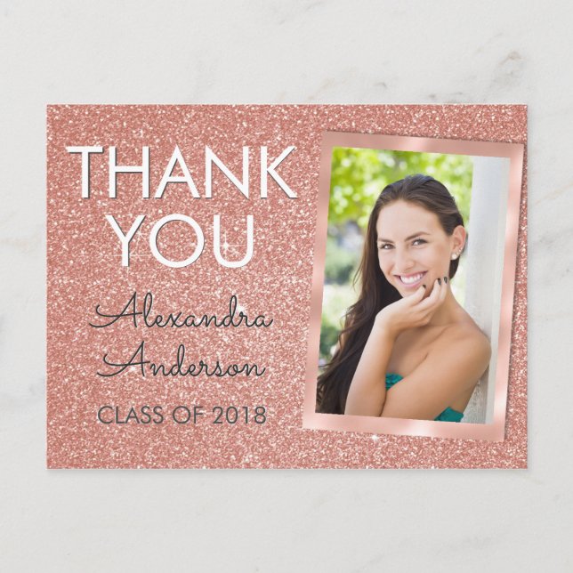 Pink Rose Gold Glitter Graduation Thank You Postcard (Front)