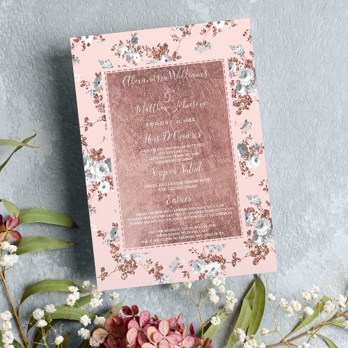 Pink rose gold glitter gray floral Wedding Menu