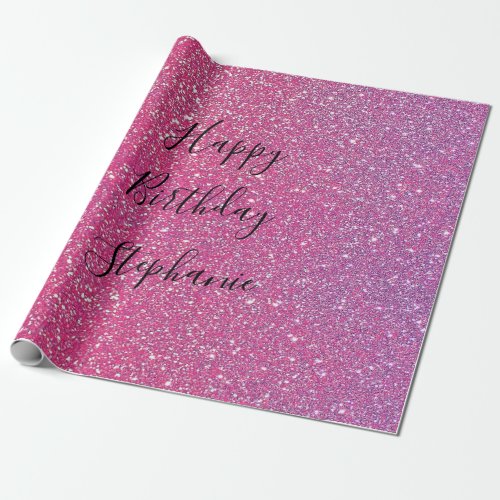 Pink Rose Gold Glitter Happy Birthday Custom Name Wrapping Paper