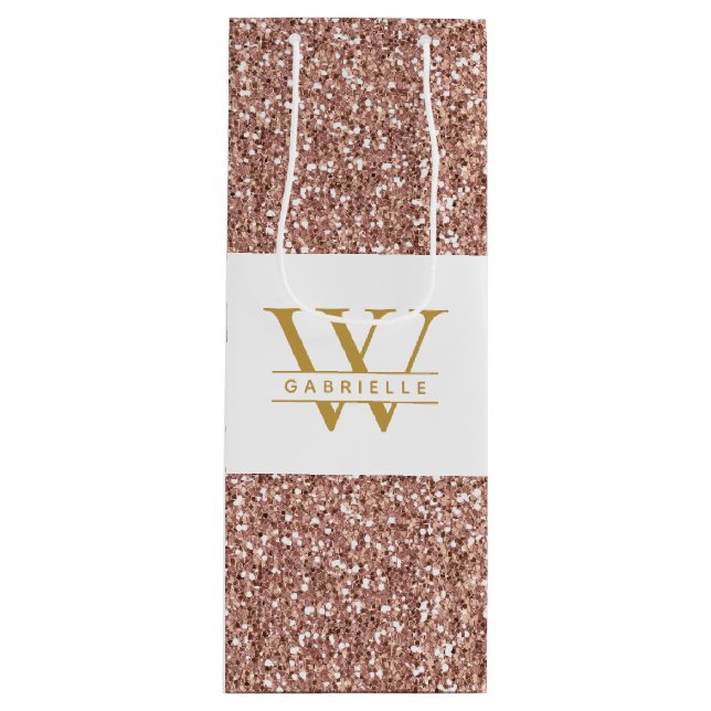 Pink Rose Gold Glitter Initial and Name Favor Wine Gift Bag (Front)