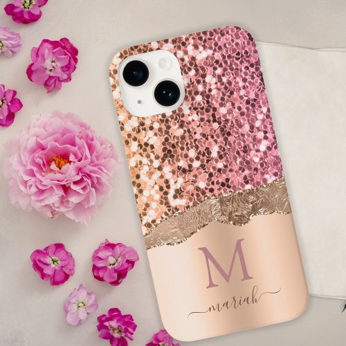 Pink Rose Gold _ Glitter Initials Modern Monogram Case_Mate iPhone 14 Case