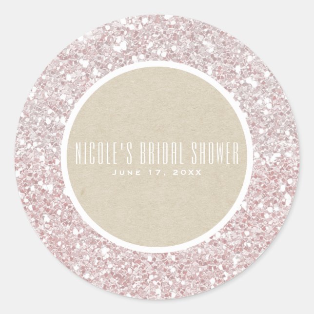 Pink Rose Gold Glitter Kraft Elegant Wedding Favor Classic Round Sticker (Front)