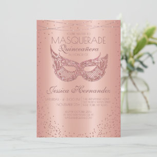 Pink Rose Gold Glitter Lace Masquerade Quinceañera Invitation