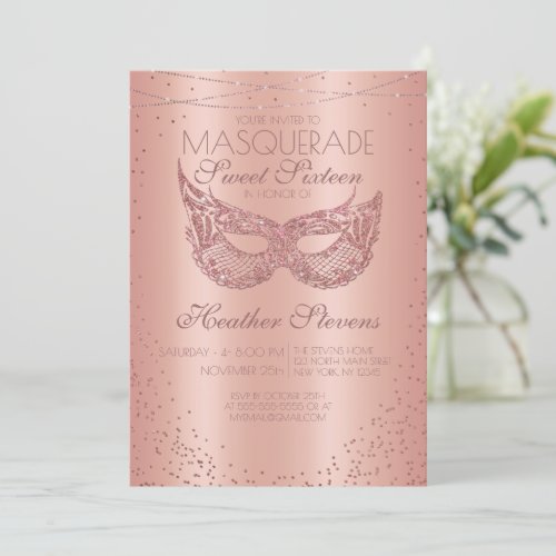 Pink Rose Gold Glitter Lace Masquerade Sweet 16 Invitation