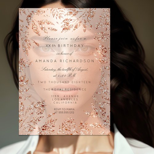 Pink Rose Gold Glitter Leafs Floral Frame Crystal Invitation