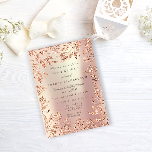 Pink Rose Gold Glitter Leafs Floral Frame Pearly Invitation