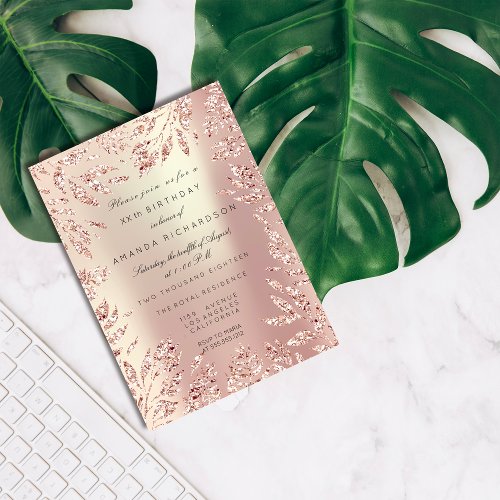 Pink Rose Gold Glitter Leafs Floral Frame Pearly Invitation