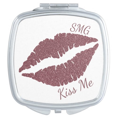 Pink Rose Gold Glitter Lips Kiss Me w Initials Compact Mirror