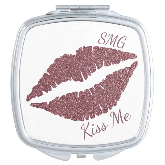 Pink Rose Gold Glitter Lips Kiss Me w Initials Compact Mirror (Front)
