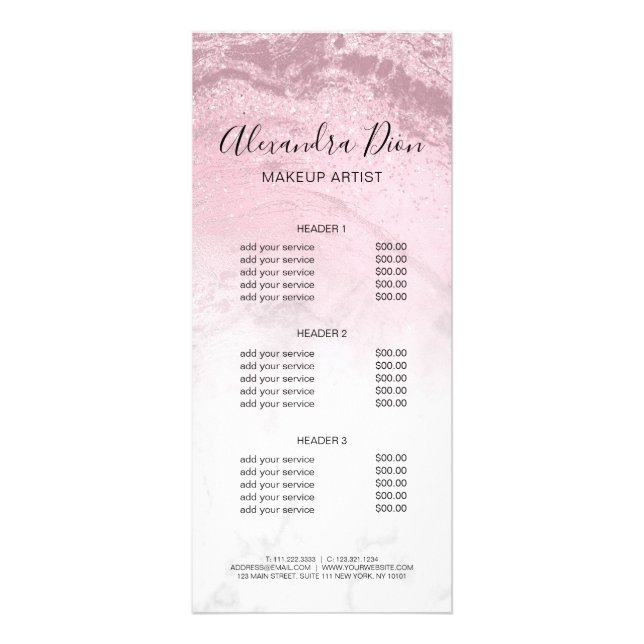 Pink rose gold glitter marble makeup artist rack card (Front)