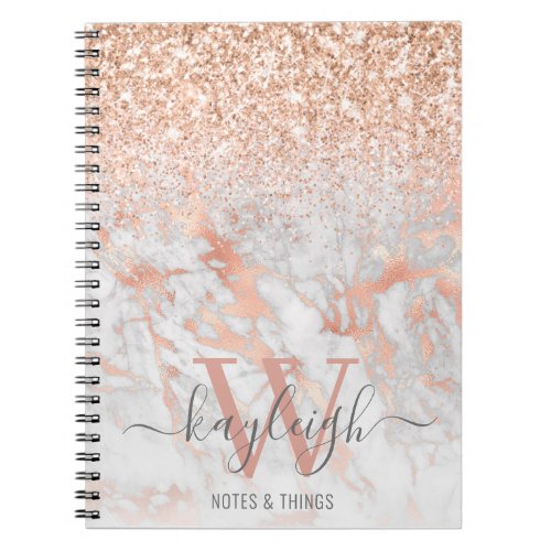 Pink Rose Gold Glitter Marble Monogrammed Notebook