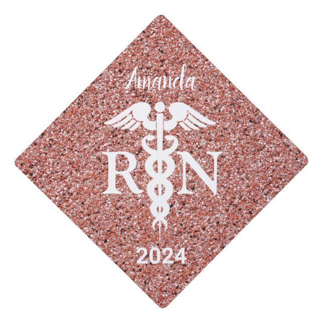 Pink Rose Gold Glitter Medical White Caduceus Graduation Cap Topper (Front)