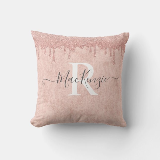 Pink Rose Gold Glitter Monogram Name Throw Pillow (Front)