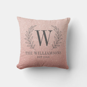 Pink Rose Gold Glitter Monogram Name Throw Pillow
