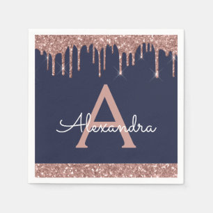 Pink Rose Gold Glitter Navy Blue Monogram Birthday Napkins